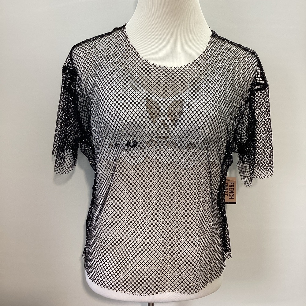 French Twist Black Rhinestone Crystal Fishnet Short Sleeve T-Shirt Size 2X